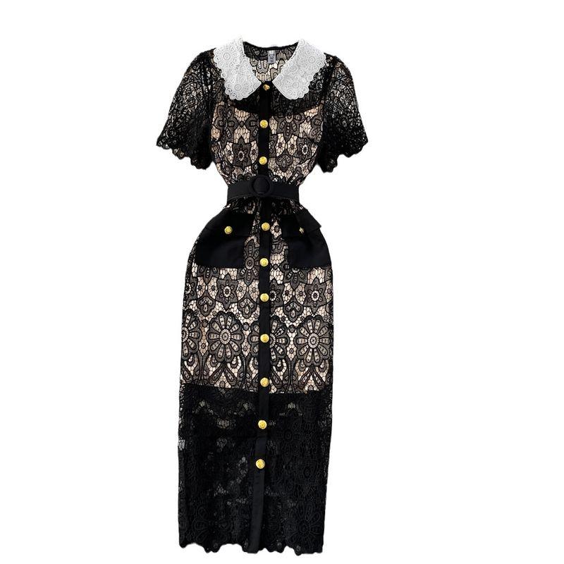 Doll Collar Cut Out Lace Dress Elegant Short Sleeve