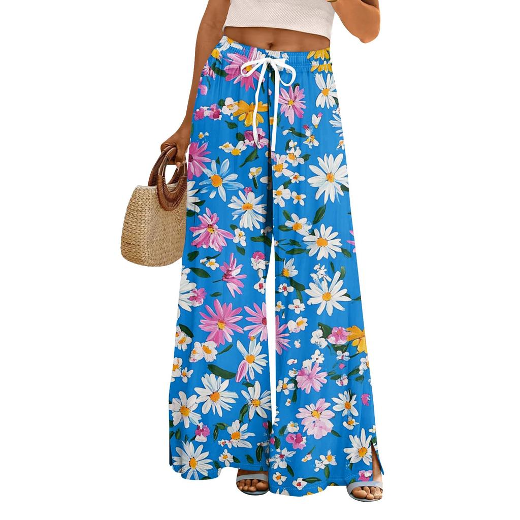 Women's Loose Casual Floral Print Wide Leg Pants With Elastic Waist Drawstring And Pocket Pants
