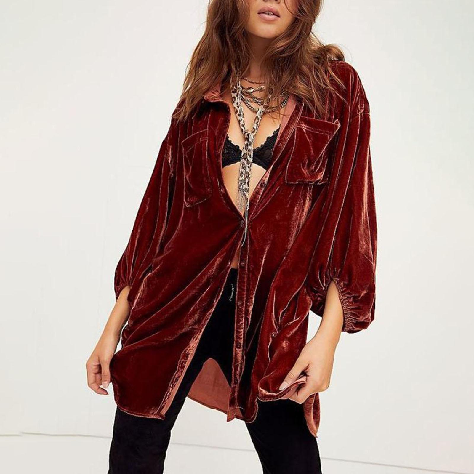 

Women s Fashion Long Sleeve Gold Velvet Solid Casual Loose Cardigan Coat L коричневий