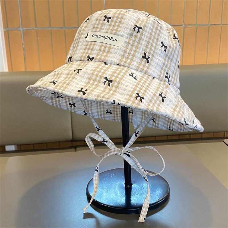 Summer Korean Version of Versatile Literary Bow Plaid Fisherman Hat Women's Tether Sun Protection Hat Showing Face Small Basin Hat