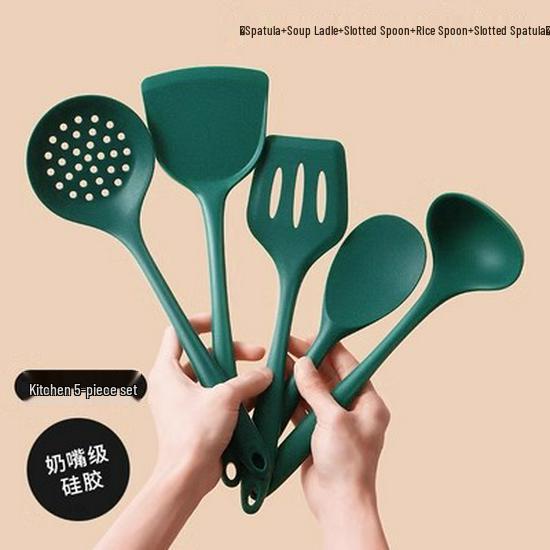 Hochtemperatur-Beständiges Silikon Küchenutensilien-Set: Spatel, Schöpfkelle, Schaumlöffel und Reislöffel für Antihaftpfannen.