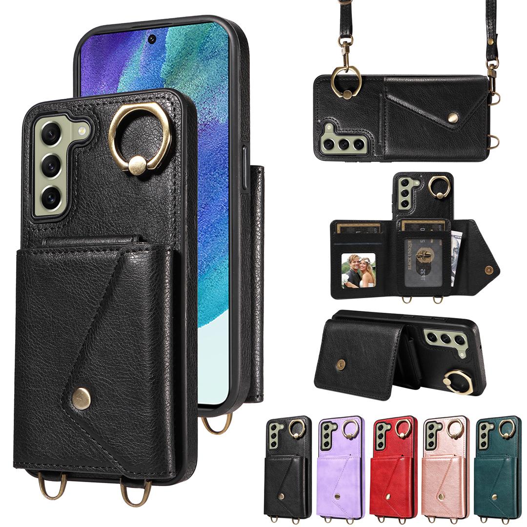 

Для Samsung Galaxy S21 FE 5G (Не применимо к Galaxy S21) Плечевой ремень, кольцо, кронштейн, держатель для карт, слоты, чехол для телефона с узором личи Samsung Galaxy S21 FE 5G чёрный