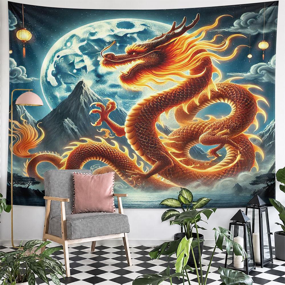 Fiery Dragon with Full Moon View Pattern Wall Hanging Tapestry Decorative Tapestry Home Decor for Bedroom and Living Room