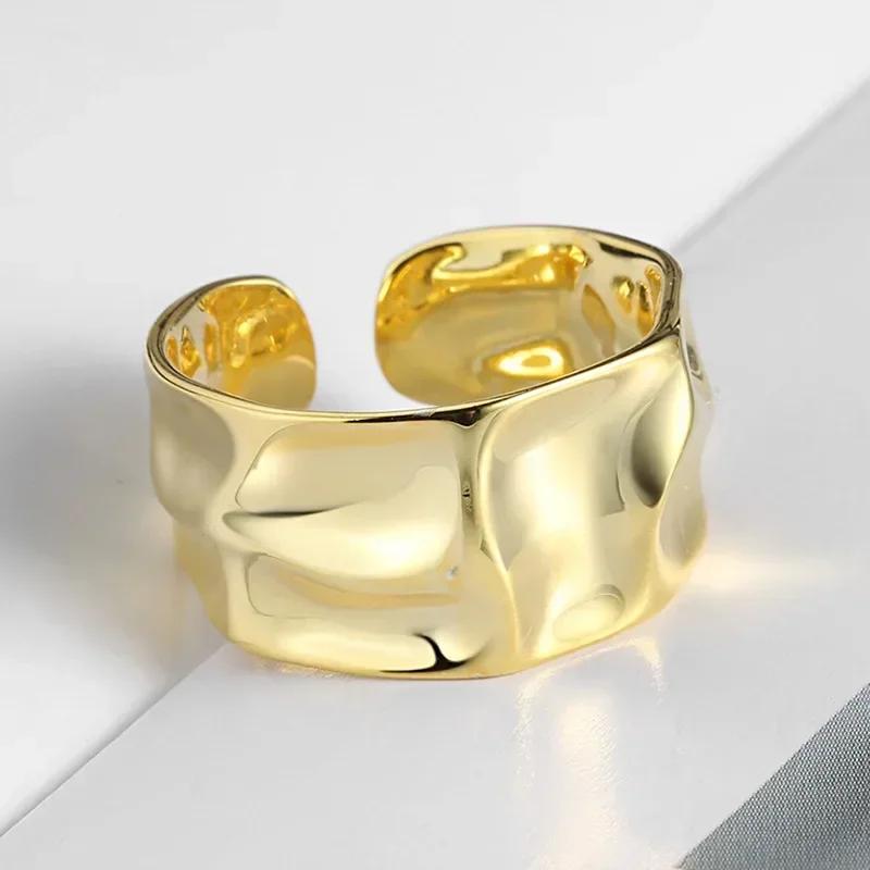 Irregular Metal Geometric Open Rings for Women Fashion Gold Silver Color Lava Pleated Wide Ring Party Temperament Jewelry Gifts