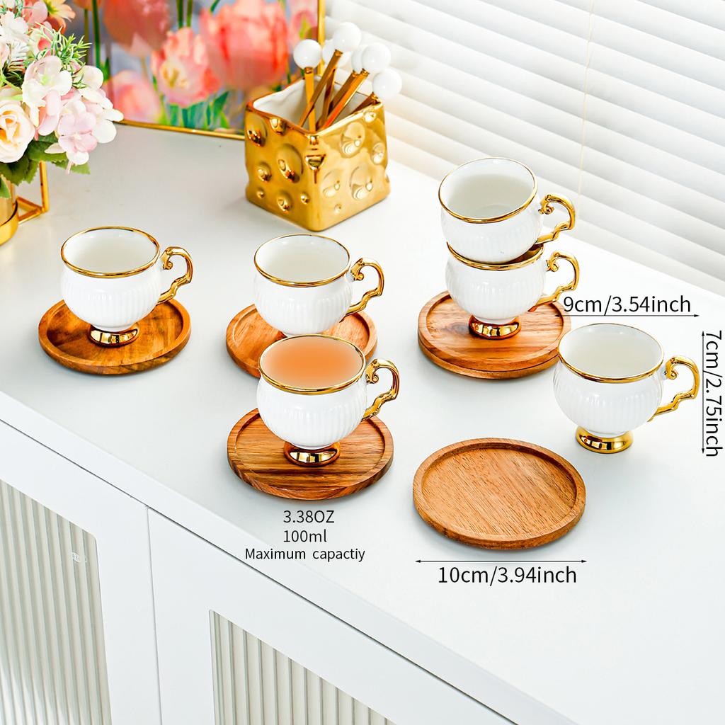 6Pcs European Style Luxury Mini Ceramic Coffee Cups with Wood Dish Gold Edged Mug Afternoon Tea Cup Set Household Drinkware