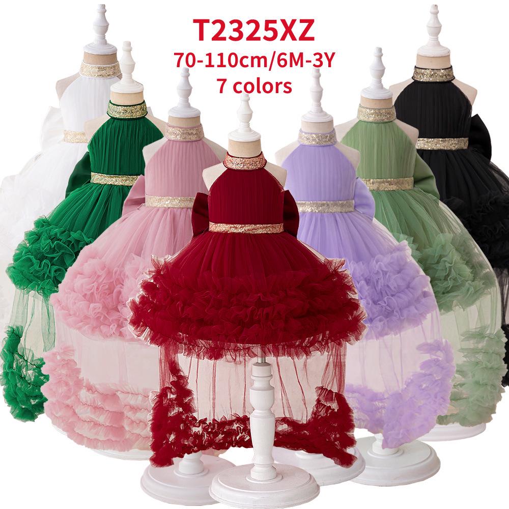 Princess Halter Mesh Evening Dress with Puffy Tiered Skirt for Children's Festival Party or Performance