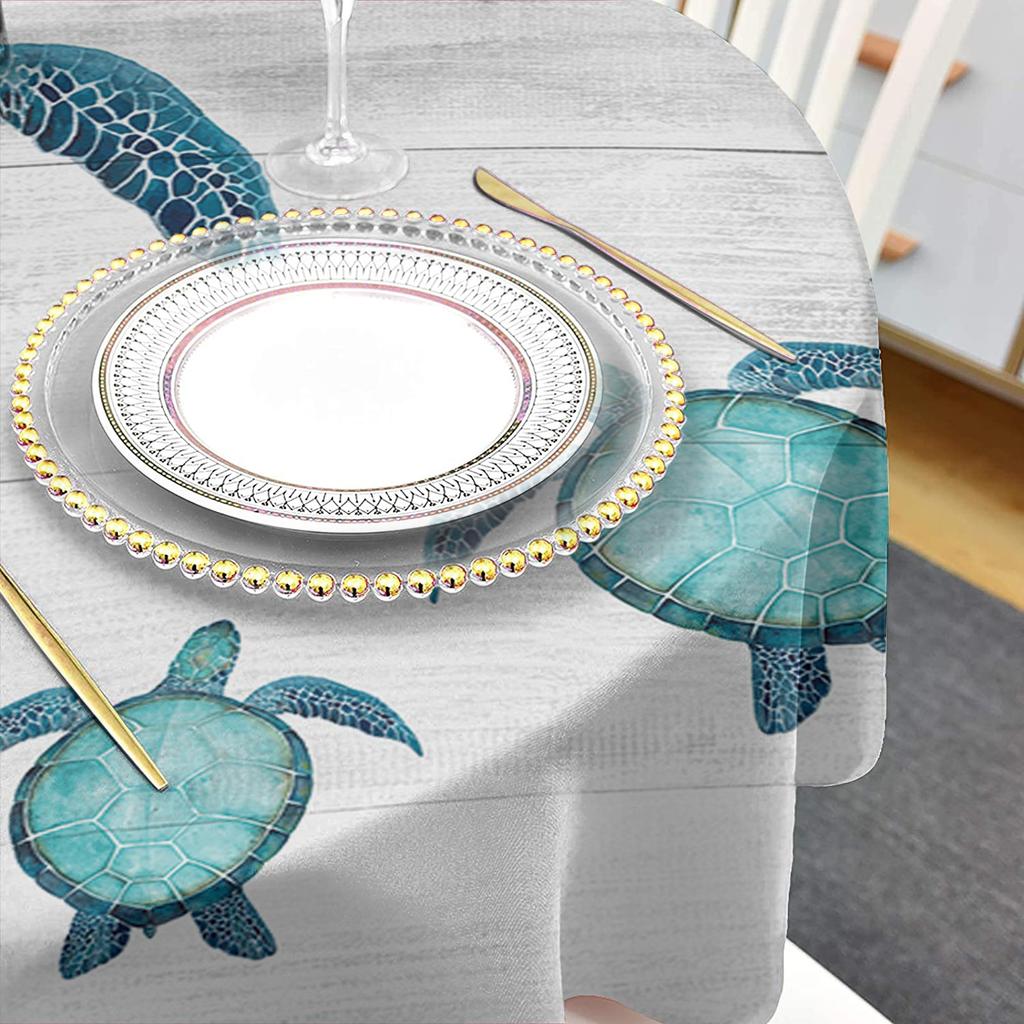 Summer Beach Sea Turtle Round Tablecloth Waterproof Wood Grain Table Cover For Wedding Party Dining Decoration
