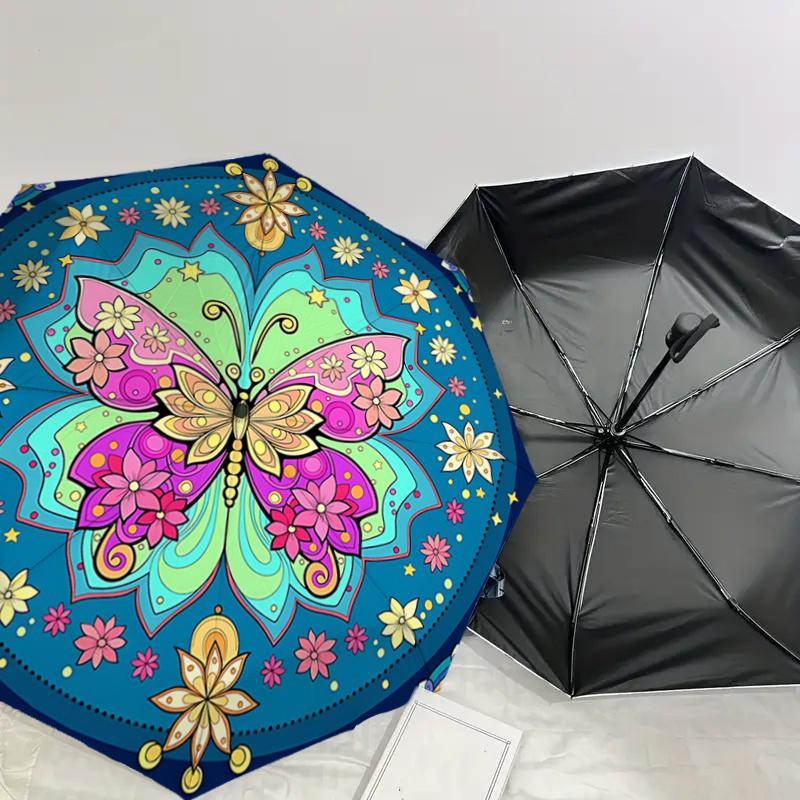 Colorful Butterfly Mandala Automatic Opening Folding Umbrella - Portable 3-Fold Design with Iron Frame -, Travelers, Daily Use - Perfect Gif