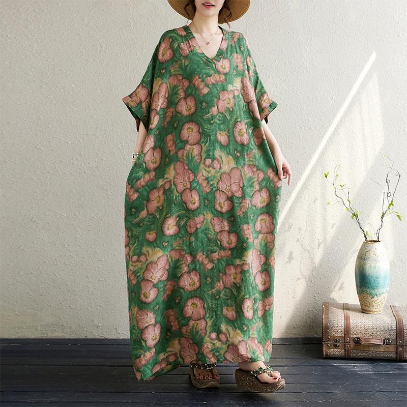 Short Sleeve Plus Size Cotton Vintage Floral New In Dresses for Women Casual Loose Maxi Long Summer Dress