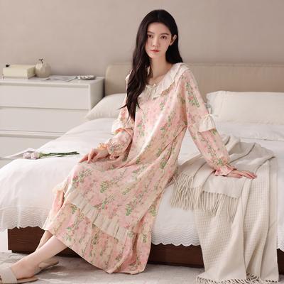 Pure Cotton Women'S Pajamas Spring And Autumn Long-Sleeved Pajamas Medium And Long Skirts Are Sweet And Loose, And Can Be Worn Outside Loungewear