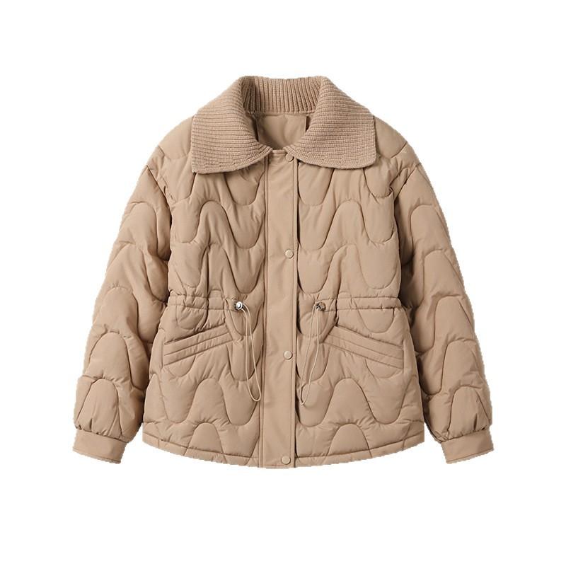 Down Jacket Women's Lapel Winter New Woolen Collar Drawstring Waist Temperament Cotton Coat Cotton Jacket
