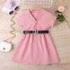 Girls' Fashionable Dress, Summer Children's Solid Color Square Elastic Short-sleeved Petticoat with Belt