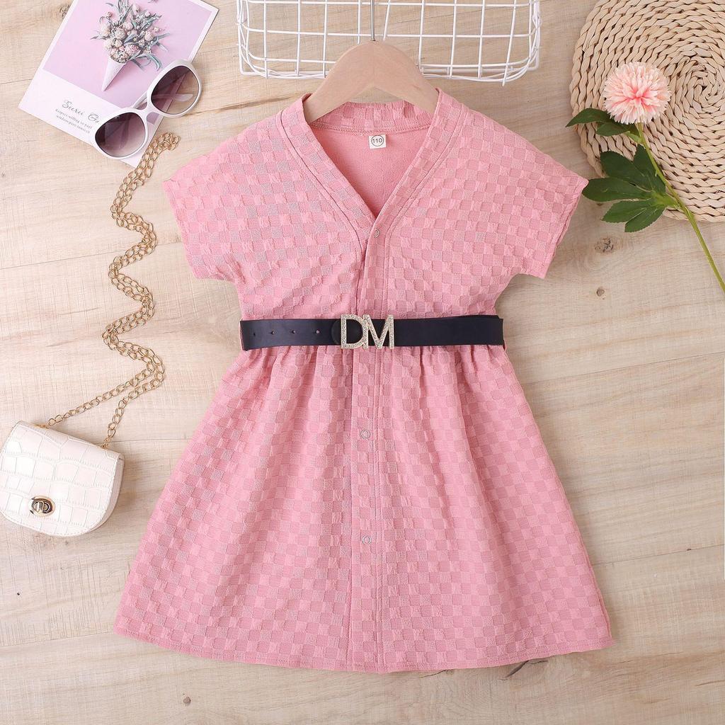 Girls' Fashionable Dress, Summer Children's Solid Color Square Elastic Short-sleeved Petticoat with Belt