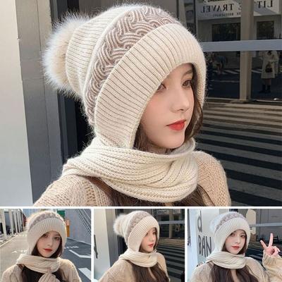Winter Windproof Integrated Cap Scarf Thickening Warm Beanie Hat Scarf Soft Knitted Ear Protection Cap Women