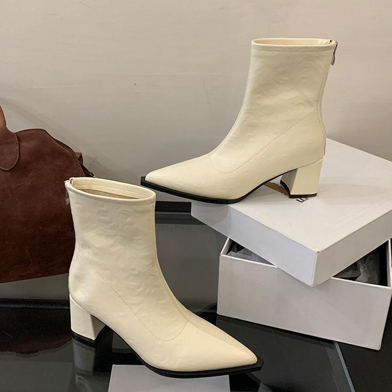 Fashion Fashion Pointed Toe Modern Ladies Short Boots Shoes Female Square Heels Women Ankle Stretch Boots Zippers Shoes Pumps lady
