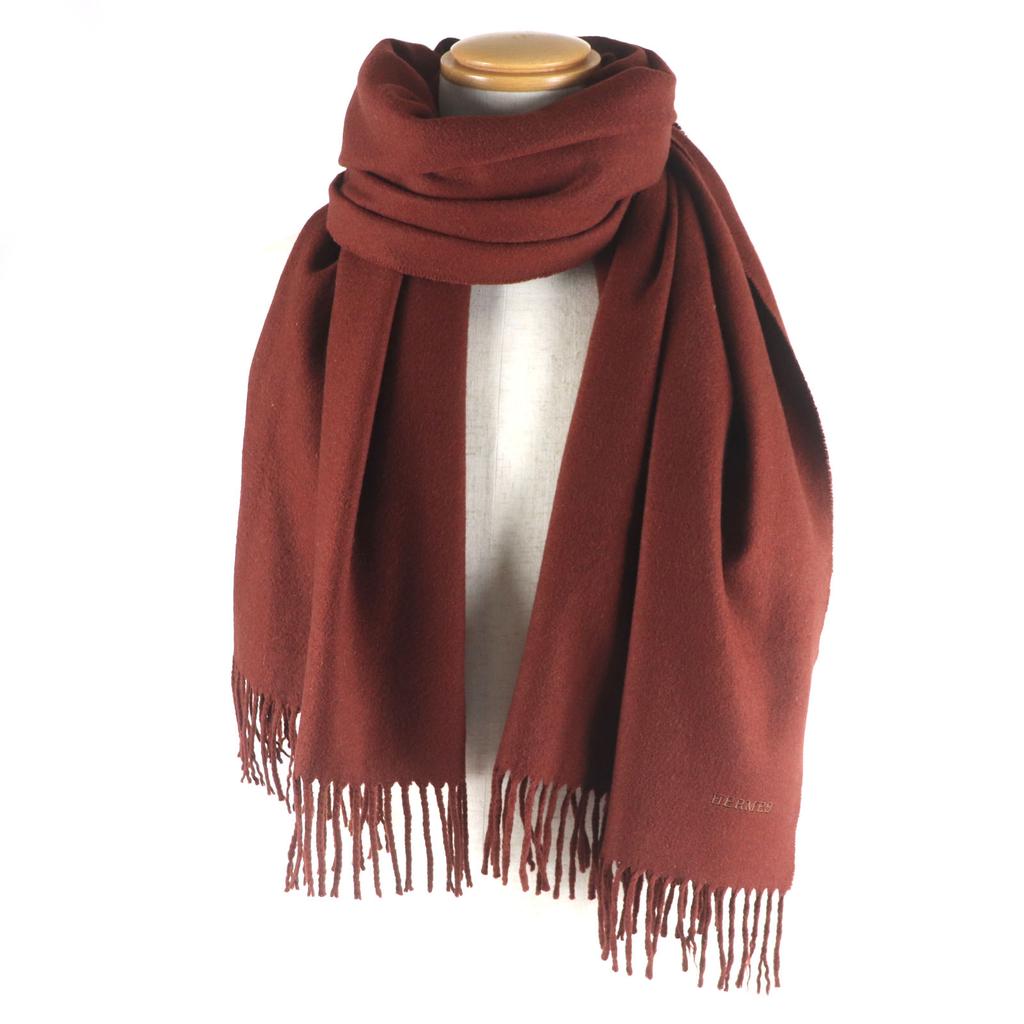 HERMES Scarf Large scarf with embroidered logo and fringe Redbrown cashmere mens Used