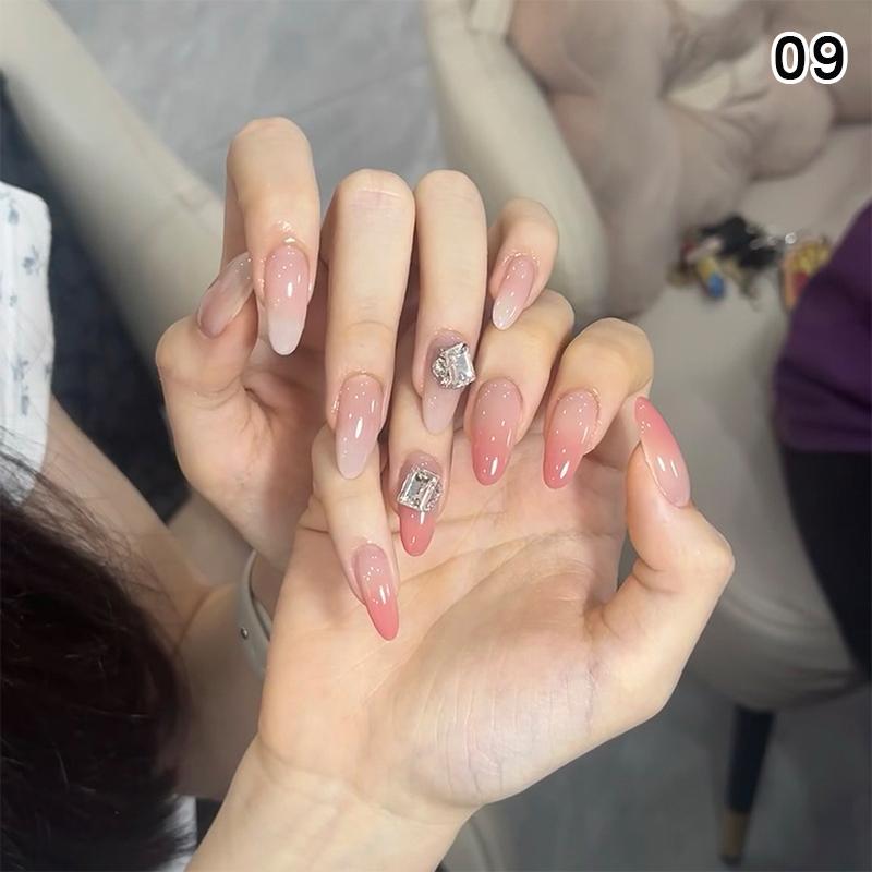 24Pcs Simple Fake Nail With Jelly Glue Butterfly Design Pink White Gradient French Press On False Nails Full Cover Nail Tips