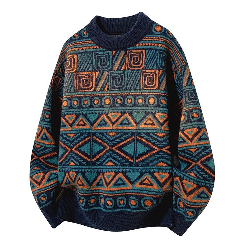 Men's Round Neck Pullover Personalized Ethnic Style Thickened Loose Korean Sweater Knitted Bottoming Shirt Top