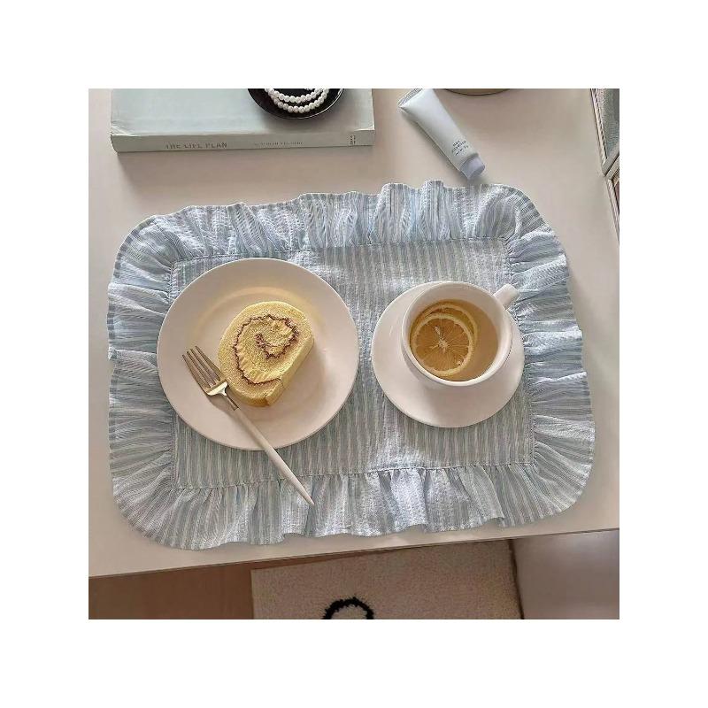 

35x45cm Pink Blue Stripe Ruffle Placemat Set Cute Table Decor for Kitchen Dining Room Breakfast Party Napin