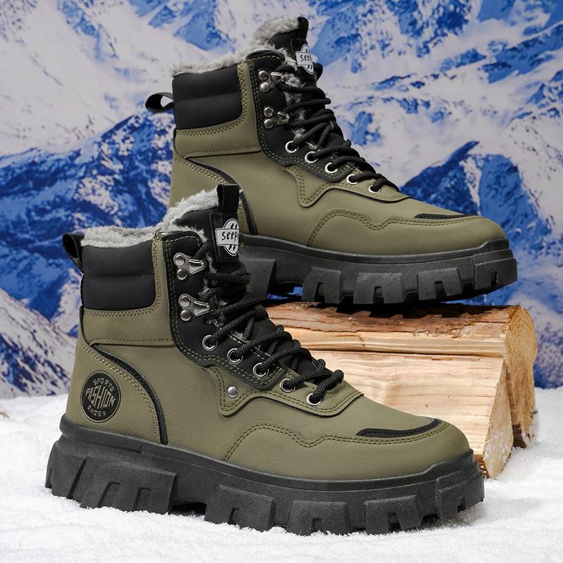 Men Boots Winter New Velvet Warm Cotton Shoes Platform-soled High-top Work Shoes Outdoor Waterproof Non-slip Snow Boots Men