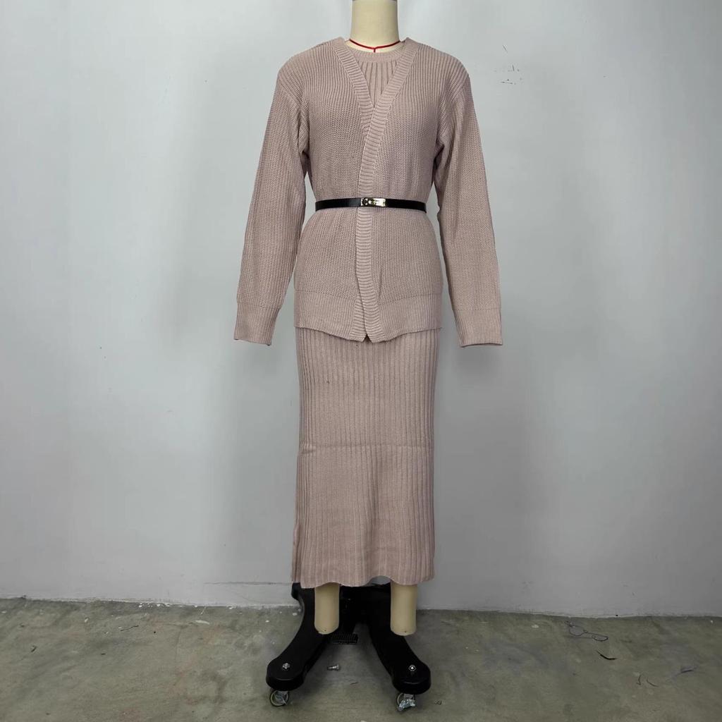 Russian Autumn/Winter Casual Round Neck Lazy Style Knitted Cardigan Set Dress
