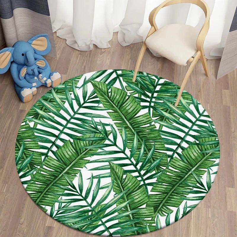 Hawaiian Tropical Leaves Round Carpet Living Room Chair Floor Mat Non-Slip Area Rug for Balcony Table Bedside Sofa Home Decor