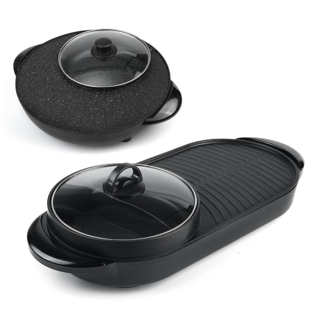 220V 5 Temperature Adjustments Home BBQ Smokeless Grill Chafing Dish Non-Stick Pan 2-In-1 Portable Electric Grill Hot Pot Oven