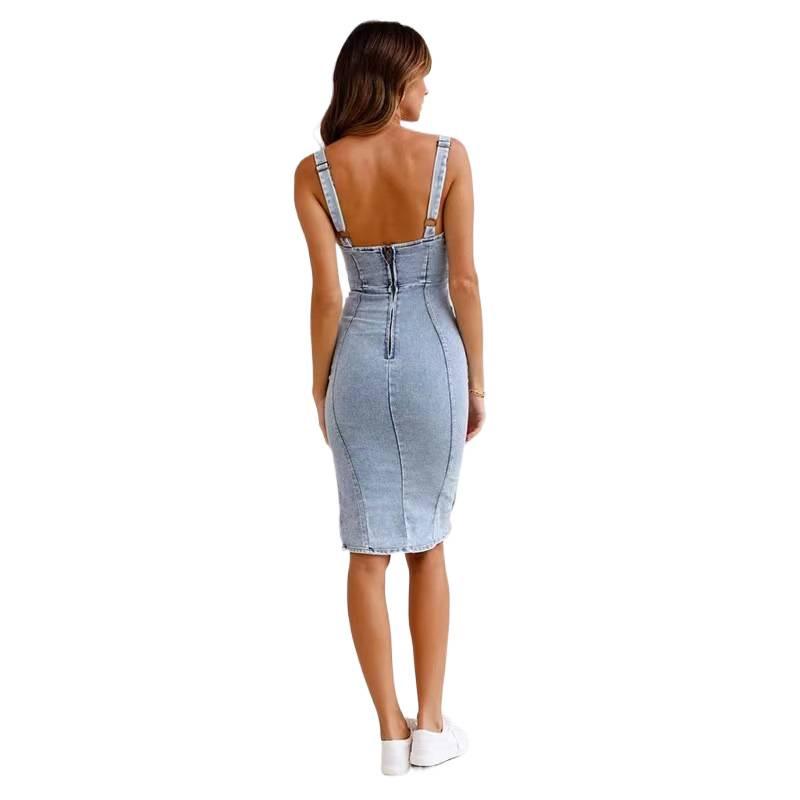 Europäisches & Amerikanisches Lässiges Denim-Kleid mit Spaghettiträgern und Used-Look