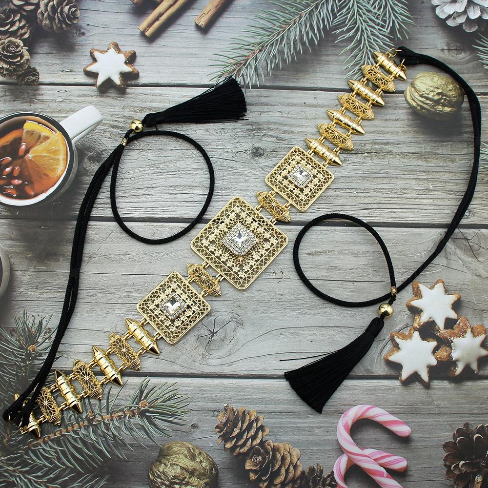 Schwarze Seilkette mit goldfarbenem Brautgürtel, Schmuck, Taillenkette, Fransen