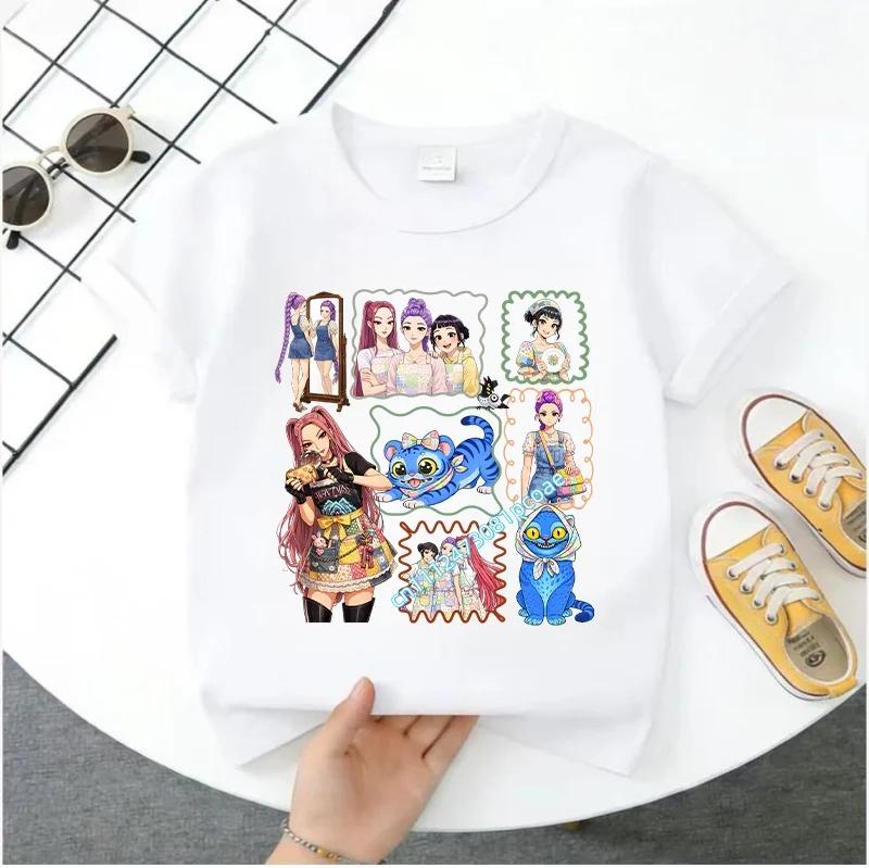 Summer Short-sleeved Cute Style Series K-pop Demon Hunters Children's Polyester T-shirt for Girls, Cute Sports Shirt for Girls