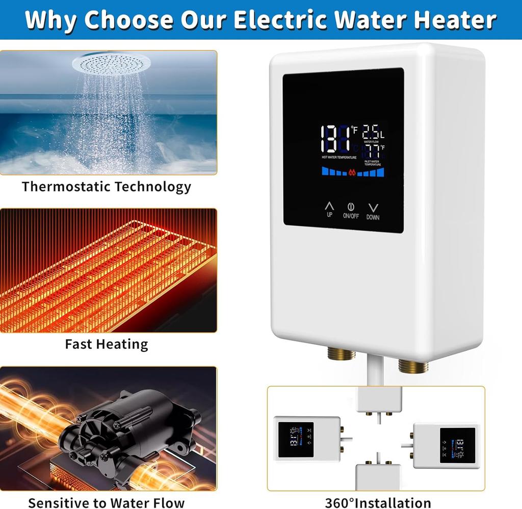 Tankless Water Heater Electric 110V, 5500W Instant Hot Water Heater with Remote Control and LCD Touch Screen Self-modulating, Overheating Protection