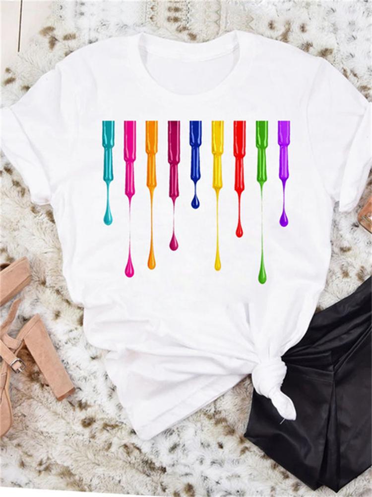 Maycaur New Nail Polishl Women's Fashion Tops 90s Girls Streetwear Casual Short Sleeve T-shirts Women's T-shirts Female Tops Tee