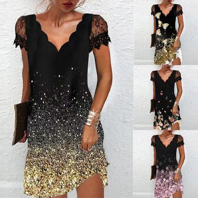 Women's Positioning Print Wave V-neck Lace Patchwork Short-sleeved Dress