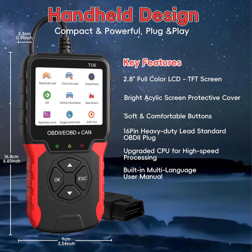 Autozubehör OBD2 Scanner T06 Überprüfen Sie den Motorsystemcodeleser Mehrsprachige Unterstützung Autodiagnosewerkzeug Batterietester