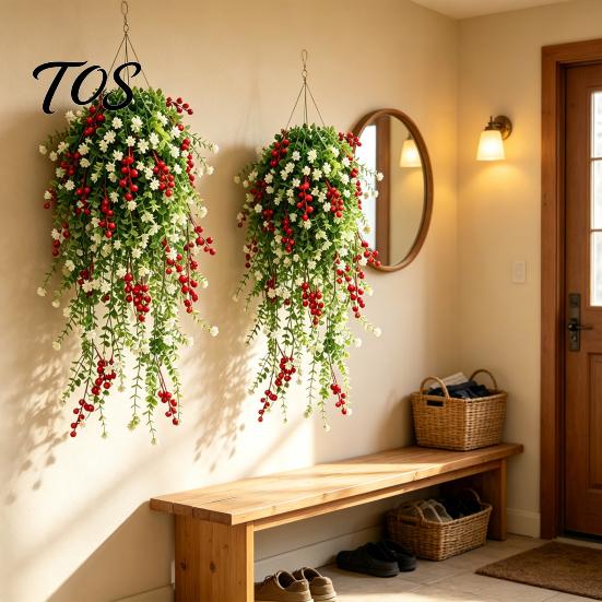 Indoor Home Ornament for Festivals Artificial Hanging Vines with Red Berries, Realistic Plastic Cascading Greenery Plants, Lifelike Plants Office