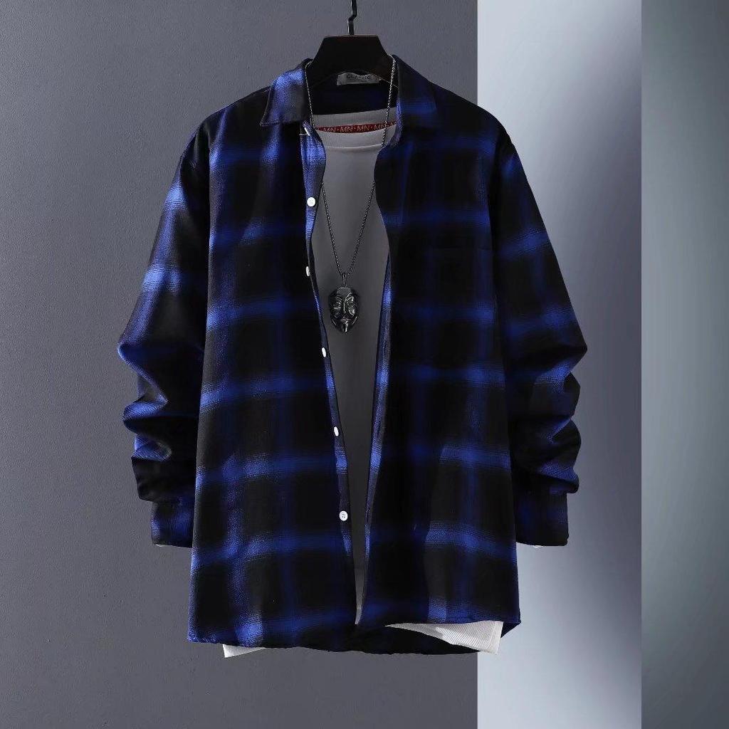 Camisa de manga comprida masculina, camisa xadrez, casaco juvenil