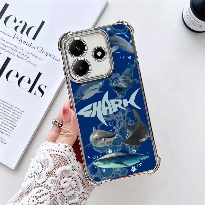 Doodle Style Shark Collage Soft Phone Case For Xiaomi Redmi Note 14 15 Pro Plus 13 12 11S 11T 5G 10 9S 9 Plating Anti-Fall Funda