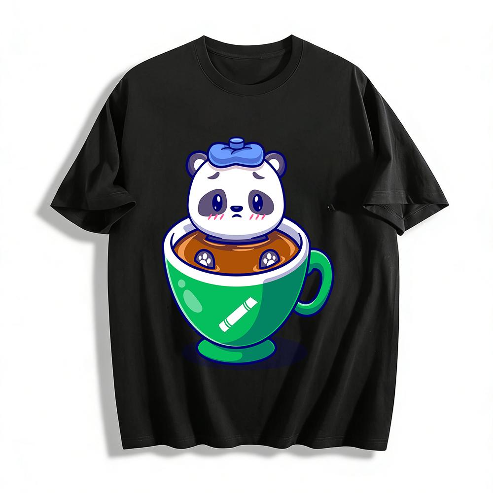 Cute Panda In Coffee Cup Graphic Casual Top Pure cotton T-shirt XXS