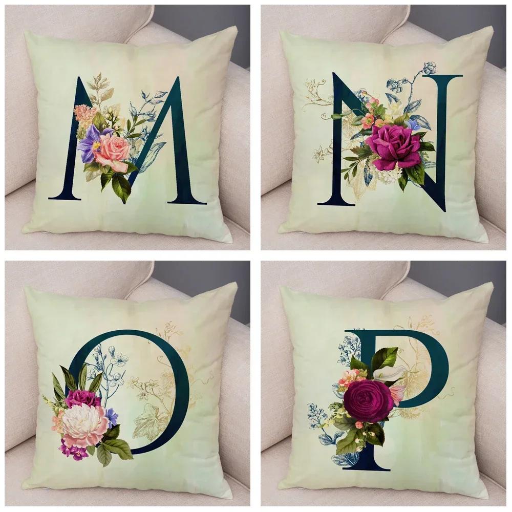 English Flower Beige Letter Print Pillow Case for Sofa Home Decor Floral A-Z Cushion Cover Soft Short Plush Pillowcase 45x45cm