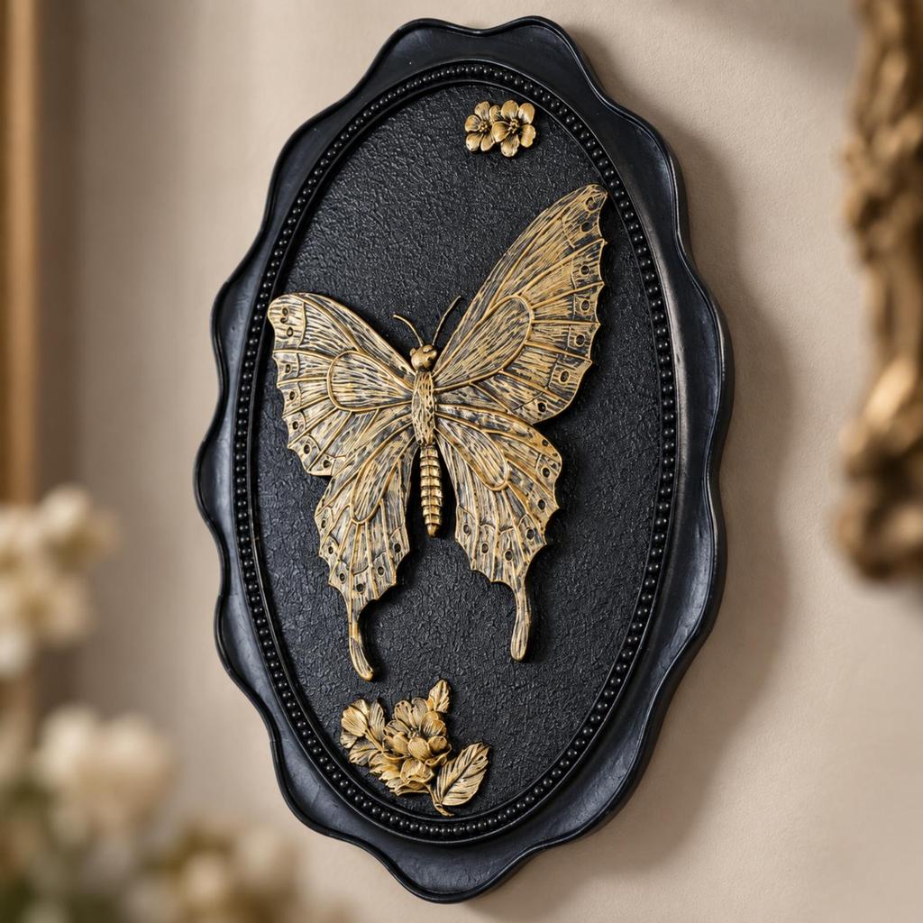 Hand-Painted Butterfly Wall Plaque Sculptural Oval Resin Decorative
