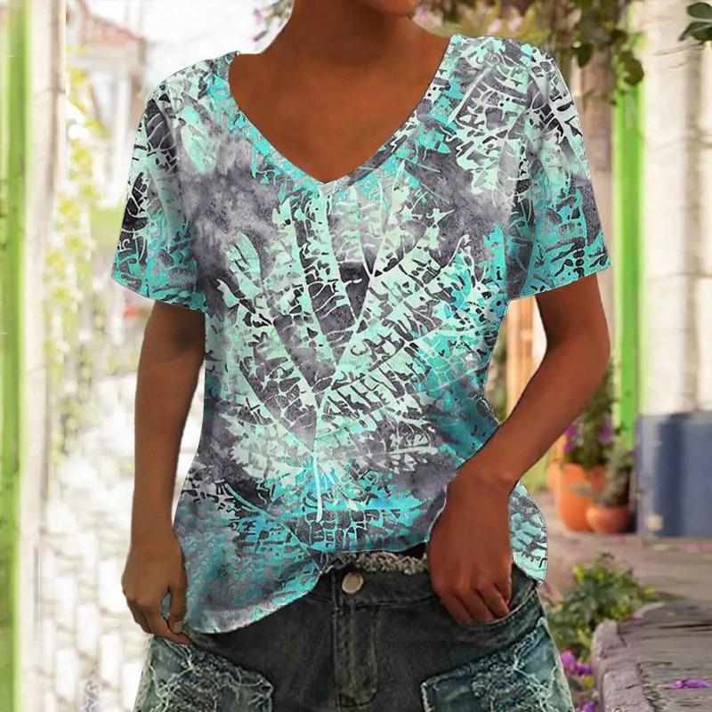 Summer Women's T-shirt 3D Leaf Printing V-neck Short Sleeve Shirt Fashion Women's T-shirt Clothing Y2k Women's T-shirt