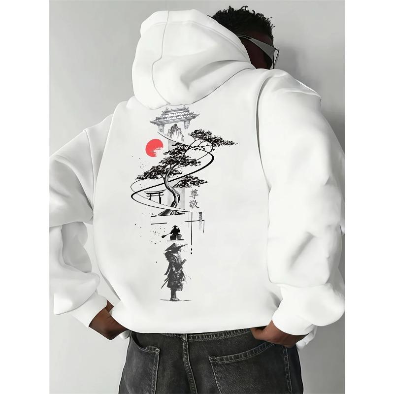 2026 Spring/Autumn Bestselling Men's Hoodie with Oriental Ink Pine and Samurai Print, American Retro Loose Fit Sweatshirt