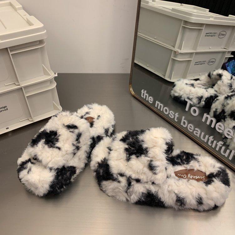Plush One Word Dragging Women's Autumn and Winter Cow Color Thick Bottom Outer Wearing Cotton Dragging with Velvet Warm Fury Slippers