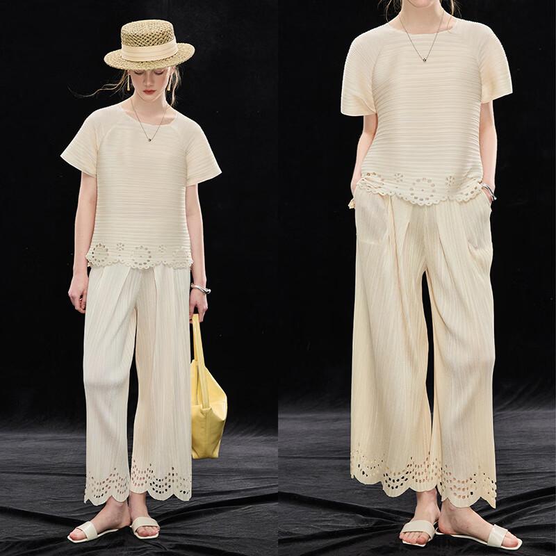 Women s Pleated Lace Wide-Leg Casual Pants L абрикосовый