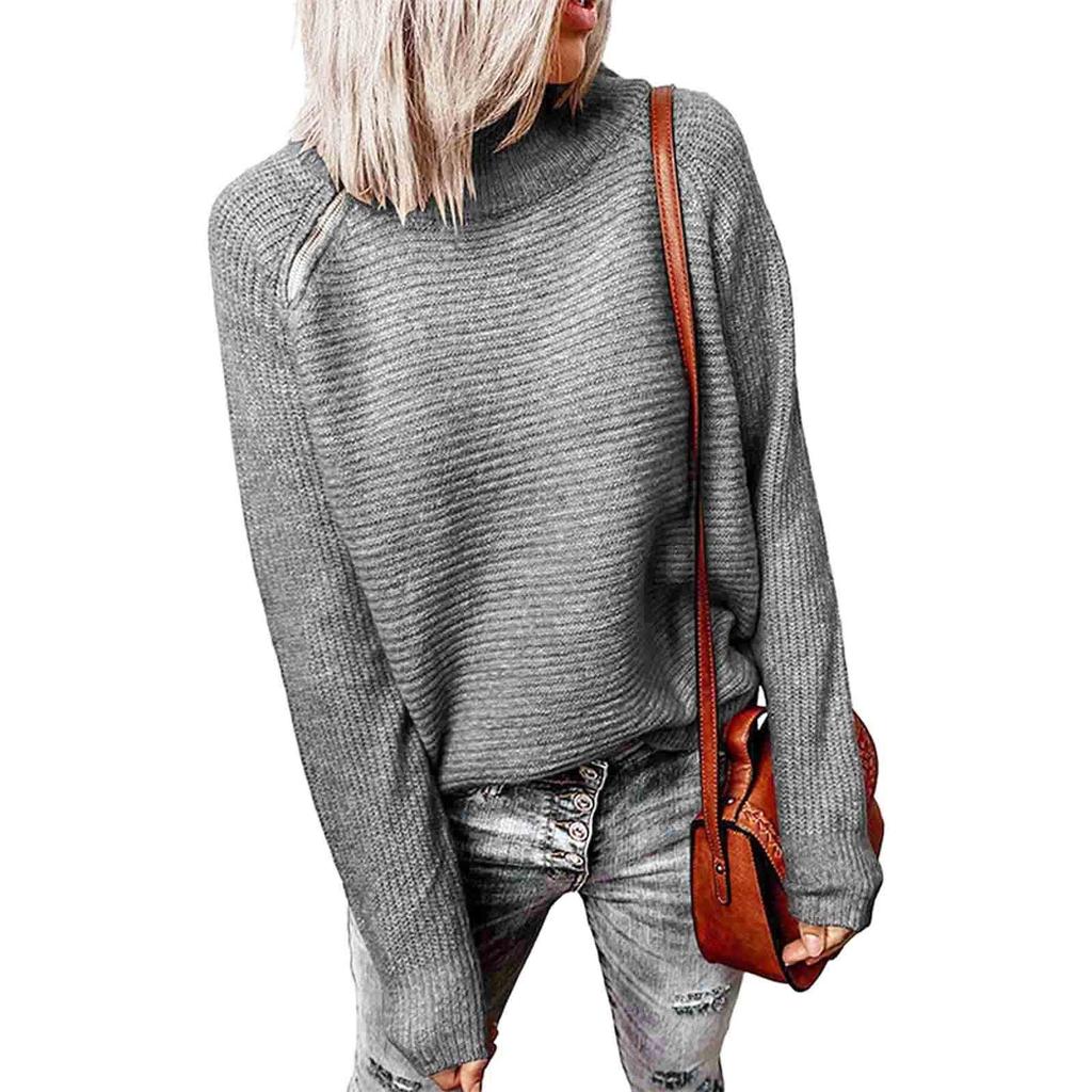 Ladies Casual Solid Color Blocking Loose Pullover High Neck Zipper Sweater