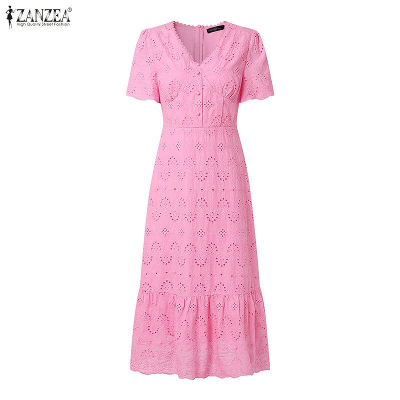 ZANZEA Women Elegant Crochet Patchwork Casual V-neck Short Sleeve Dress