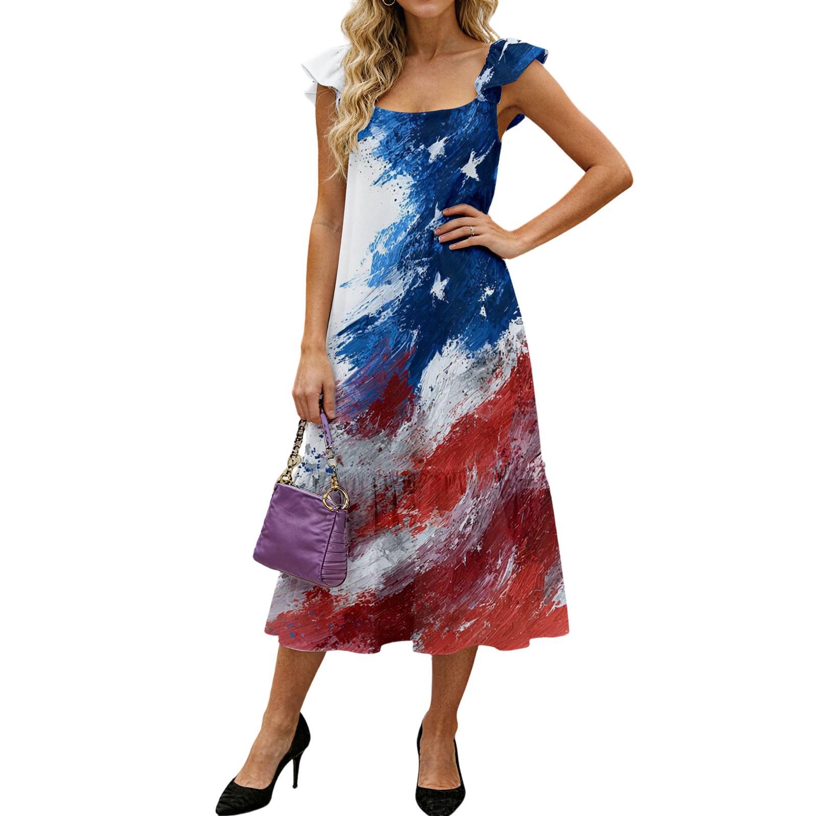 Women s Fashion Loose Mid-length Ruffled Flying Sleeve Independence Day Printed Dress L синий