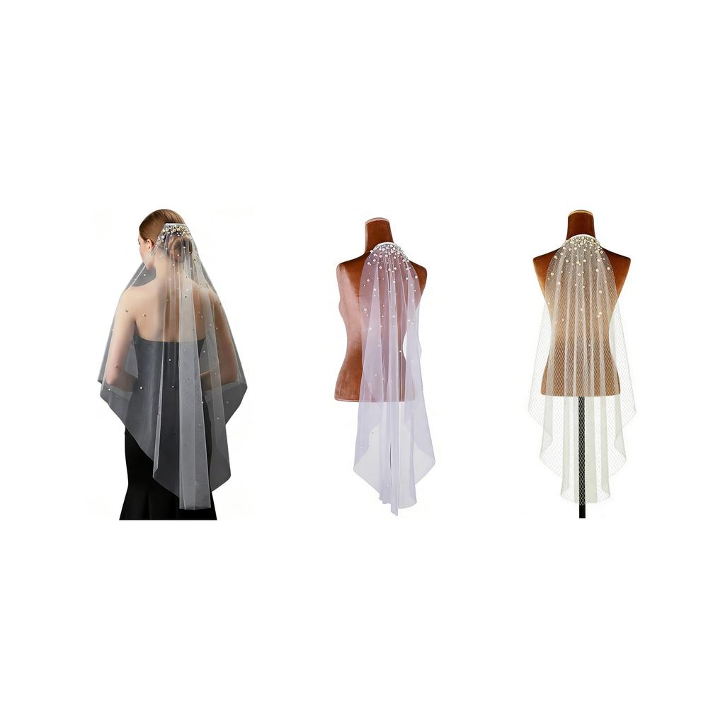 Pearls Crystal Decors Bridal Veils with Hair Comb Seethrough Sheer Single Layer Head Veils for Wedding Event Photography