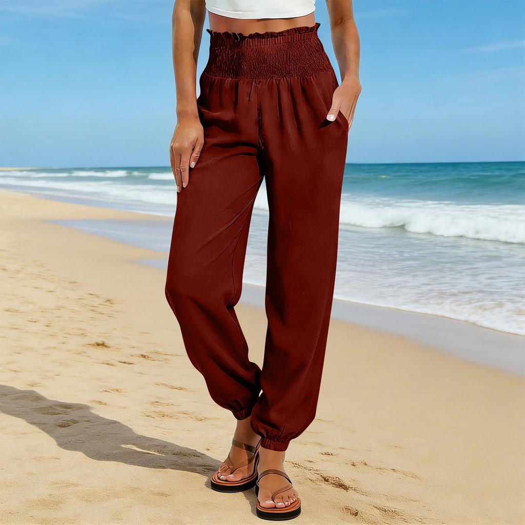 Women's Fashion Color Elastic Waist Pocket Loose Leg Tight Casual Pants