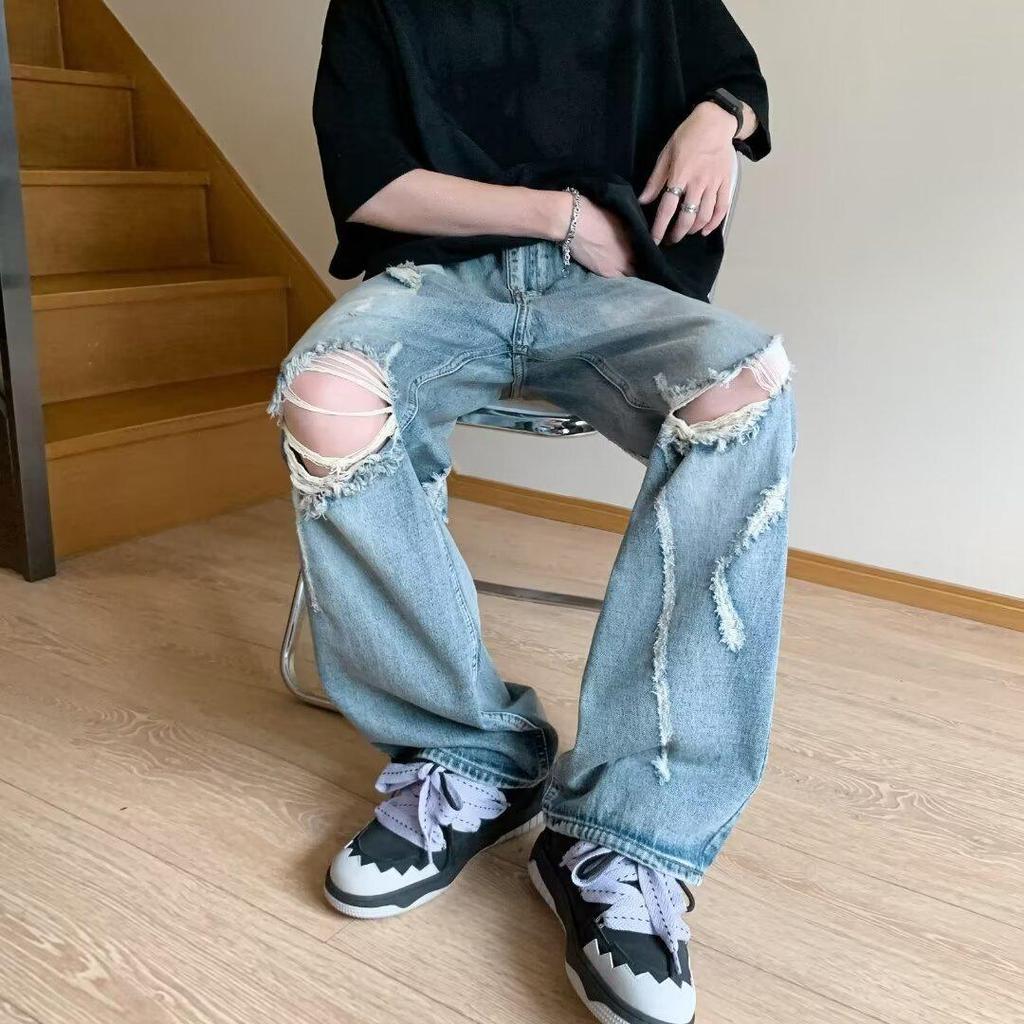 Pánské retro džíny s trháním - Volný střih, Pohledný high street styl, Všestranné široké rovné nohavice